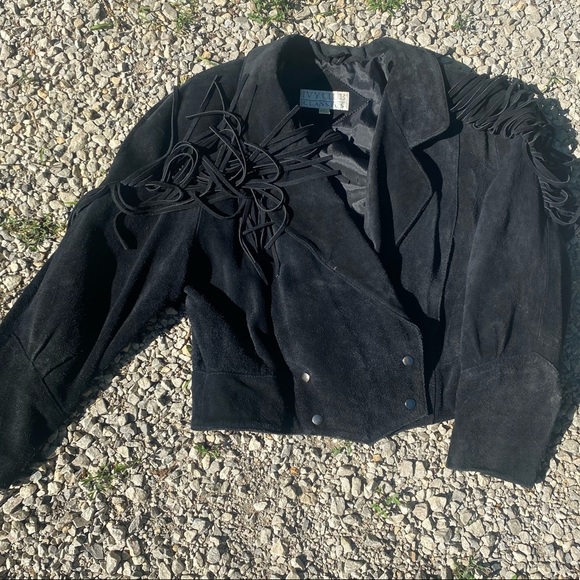 Vintage 80's/90's Women's Ivy Club Classics Genuine Black Suede Fringed Jacket - Picture 6 of 6